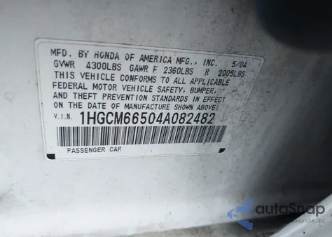 2004 Honda Accord 3.0 Ex из США, поврежденный, VIN 1HGCM66504A082482